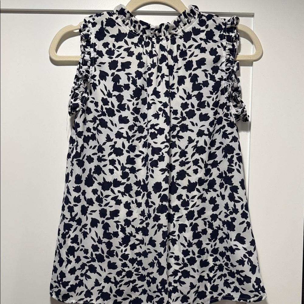 Floral Sleeveless Top -  Navy blue and White